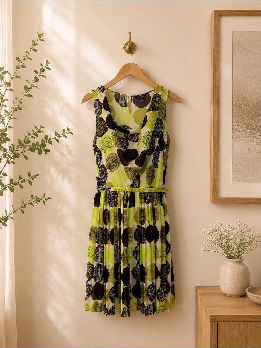 Banana Republic Womenβs Summer Dress 8 NWT Lime Green Brownish-Black Abstract